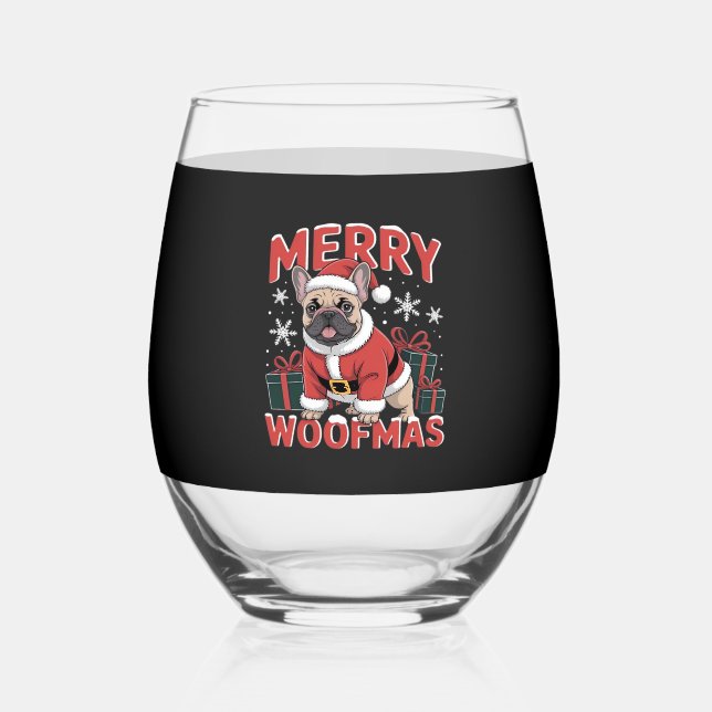 French Bulldog Santa Claus Hat Merry Christmas Dog Stemless Wine Glass (Front)