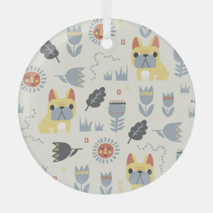 French Bulldog: Scandinavian Floral Repeat. Glass Ornament