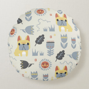 French Bulldog: Scandinavian Floral Repeat. Round Pillow