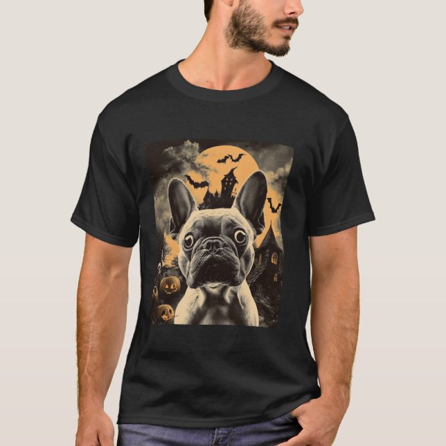French Bulldog Selfie With Ghosts Witches Hallowee T-Shirt (Front)