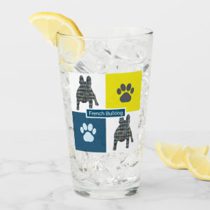 French Bulldog Silhouette Dog & Paw Y&B Grid Glass