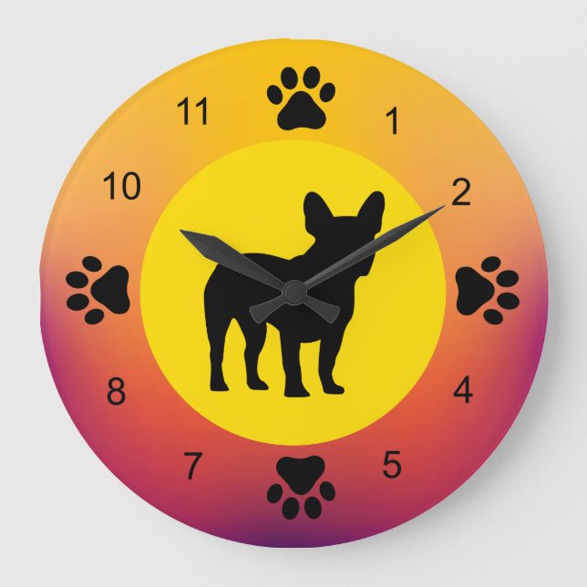 French Bulldog Silhouette Sunset Colours Large Clock (Front)