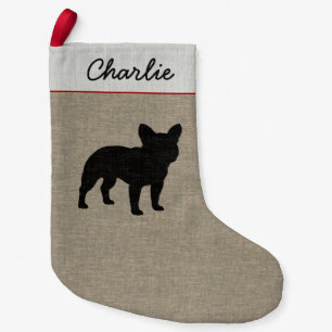 French Bulldog Silhouette with Text   Faux Burlap Small Christmas Stocking