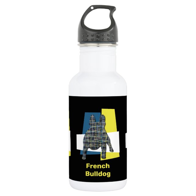 French Bulldog Silhouette Yellow & Blue Grid 532 Ml Water Bottle (Front)