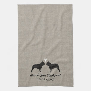 French Bulldog Silhouettes with Heart and Text Kitchen Towel