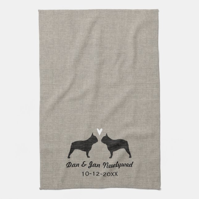 French Bulldog Silhouettes with Heart and Text Kitchen Towel (Vertical)