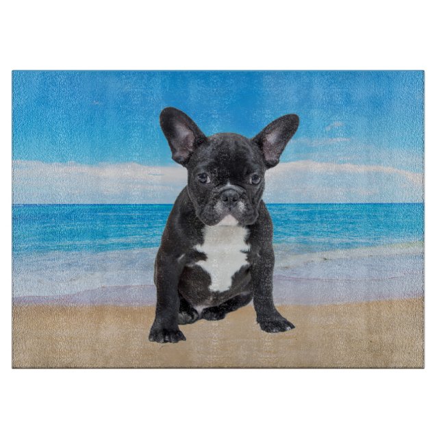 French Bulldog Sitting On Beach Cutting Board (Front)