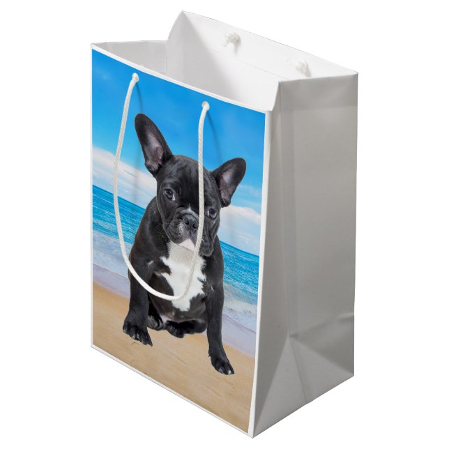 French Bulldog Sitting On Beach Medium Gift Bag (Front Angled)