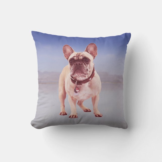 French Bulldog Sitting On beach Throw Pillow (Front)