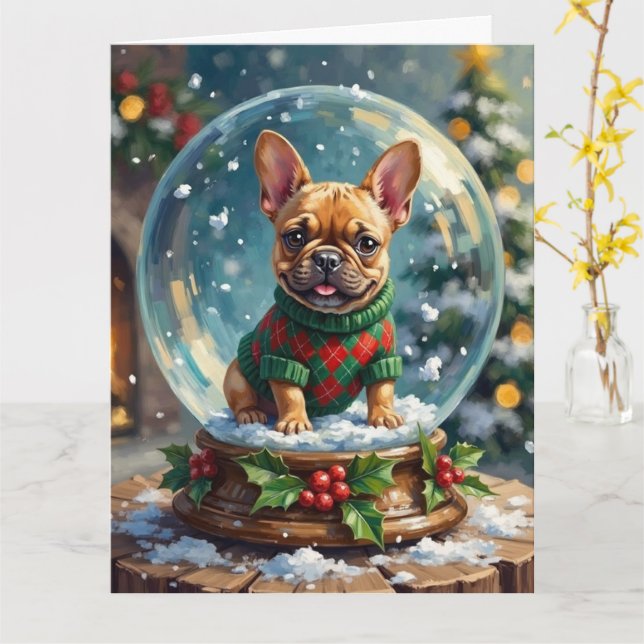 French Bulldog Snow Globe Christmas Sweater Card (Yellow Flower)