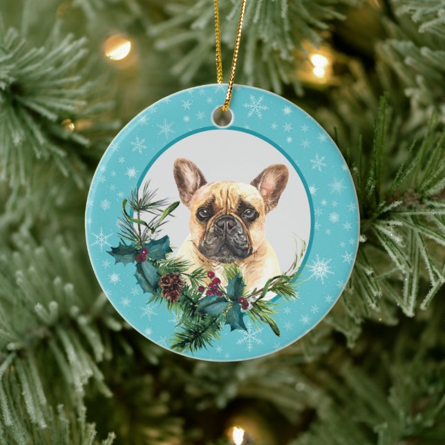 French Bulldog Snowflake Blue Frame Bouquet Ceramic Ornament (Tree)