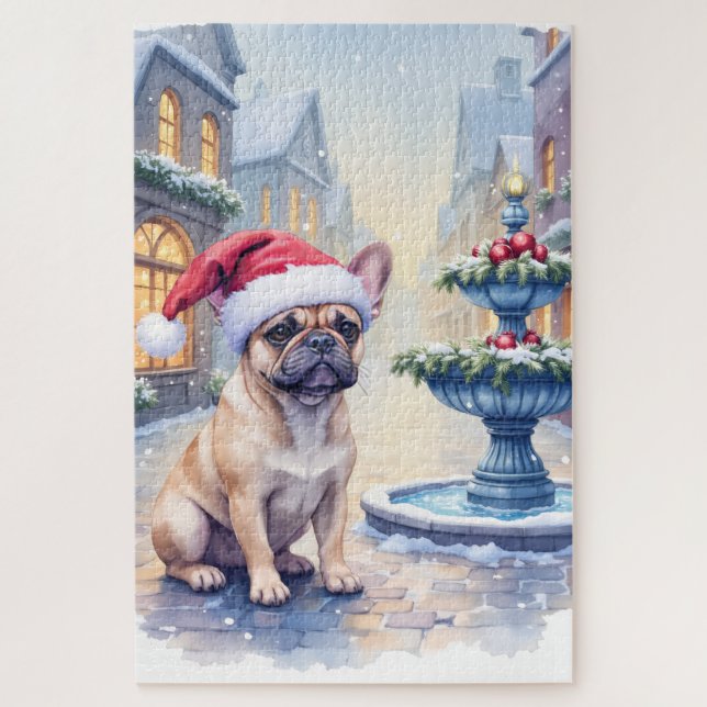 French Bulldog Snowy Town Fountain Santa Christmas Jigsaw Puzzle (Vertical)