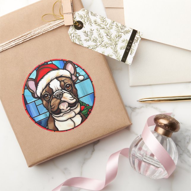 French Bulldog Stained Glass Christmas  Classic Round Sticker (Gifting)