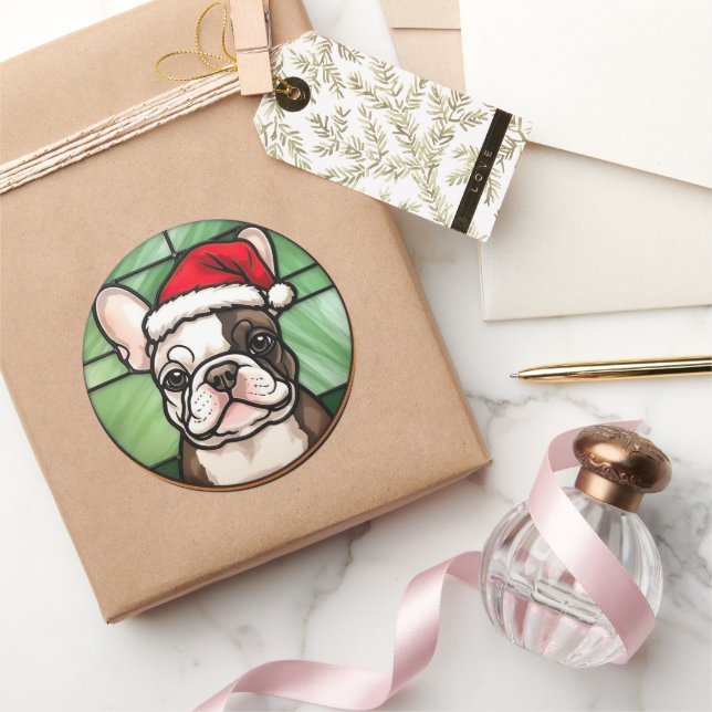 French Bulldog Stained Glass Christmas Classic Round Sticker (Gifting)