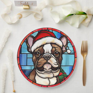 French Bulldog Stained Glass Christmas  Paper Plate