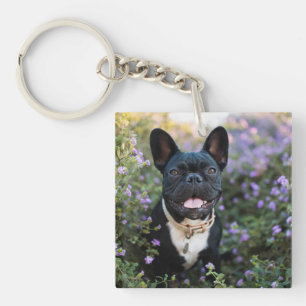French Bulldog Stands in Flowers Keychain