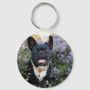 French Bulldog Stands in Flowers Keychain