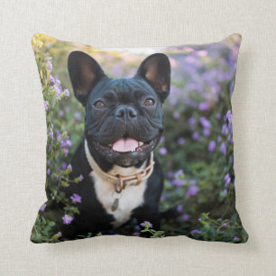 French Bulldog Stands in Flowers Throw Pillow
