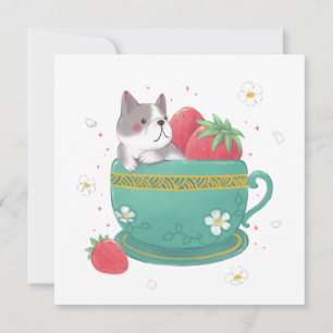 French Bulldog, Strawberries & Cup Illustration Holiday Card