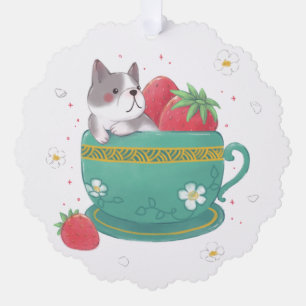 French Bulldog, Strawberries & Cup Illustration Ornament Card