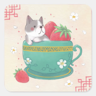 French Bulldog, Strawberries & Cup Illustration Square Sticker