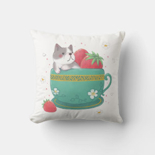 French Bulldog, Strawberries & Cup Illustration Throw Pillow