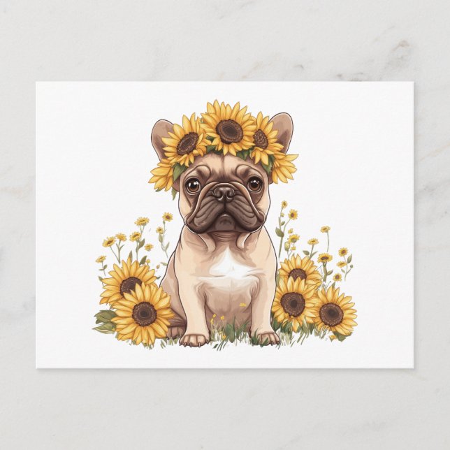 French Bulldog Surrounded By Sunflowers Holiday Postcard (Front)