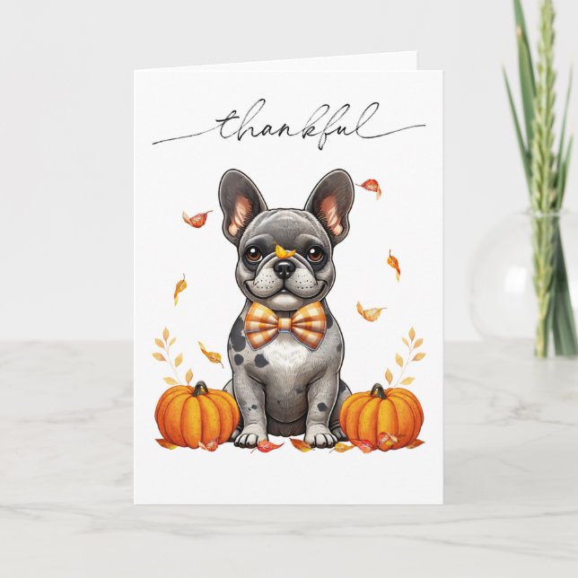 French Bulldog Thankful Fall Leaves Pumpkins Card (Front)