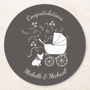French Bulldog Theme Party - Baby Shower Neutral Round Paper Coaster