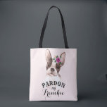 French Bulldog Tote Bag - Pink<br><div class="desc">This fun tote bag has a cute brown and white watercolor French Bulldog with a small bouquet of purple,  peach,  and green watercolor flowers and leaves  sitting on her forehead. The customizable text says "Pardon my Frenchie".</div>