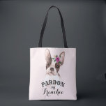 French Bulldog Tote Bag - Pink<br><div class="desc">This fun tote bag has a cute brown and white watercolor French Bulldog with a small bouquet of purple, peach, and green watercolor flowers and leaves sitting on her forehead. The customizable text says "Pardon my Frenchie".</div>