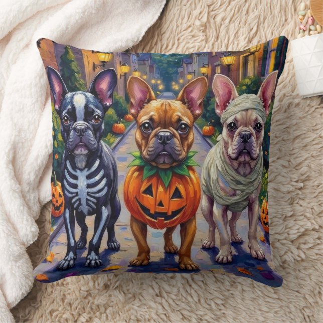 French Bulldog Trick-or-Treating Halloween Costume Throw Pillow (Blanket)