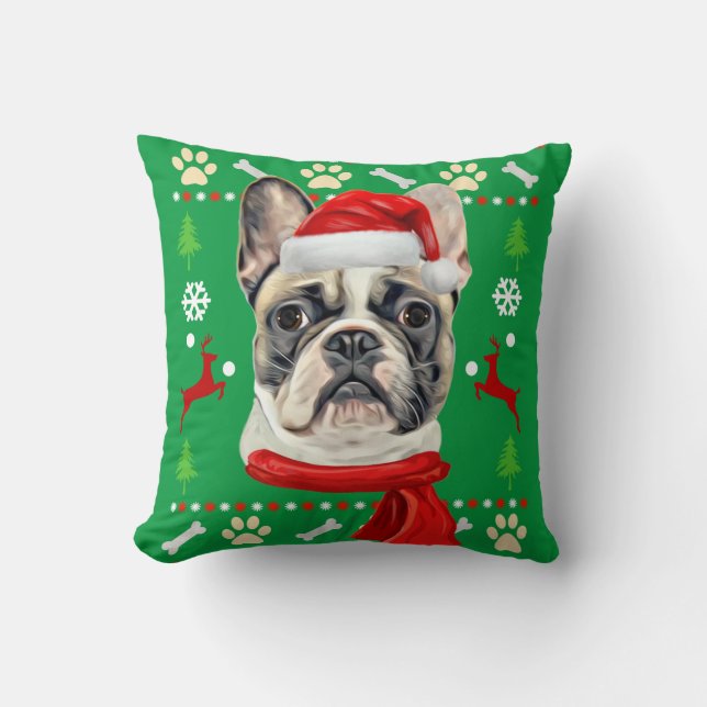 French Bulldog Ugly Christmas Throw Pillow (Front)