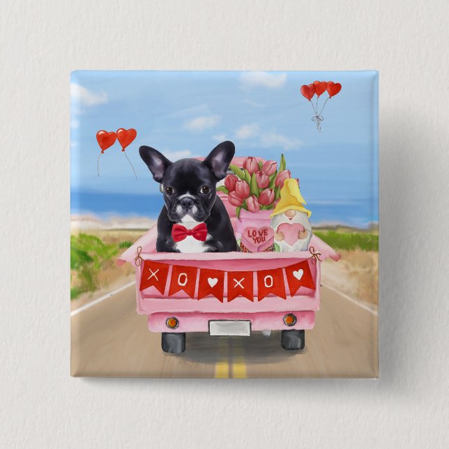 French Bulldog Valentine's Day Truck 2 Inch Square Button (Front)