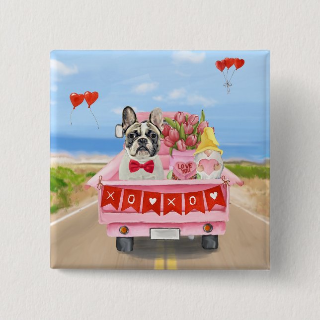 French Bulldog Valentine's Day Truck 2 Inch Square Button (Front)