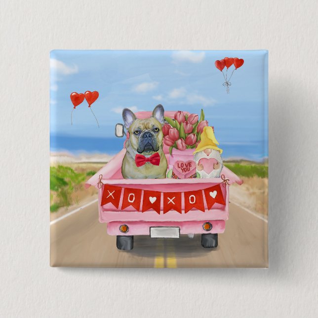 French Bulldog Valentine's Day Truck 2 Inch Square Button (Front)