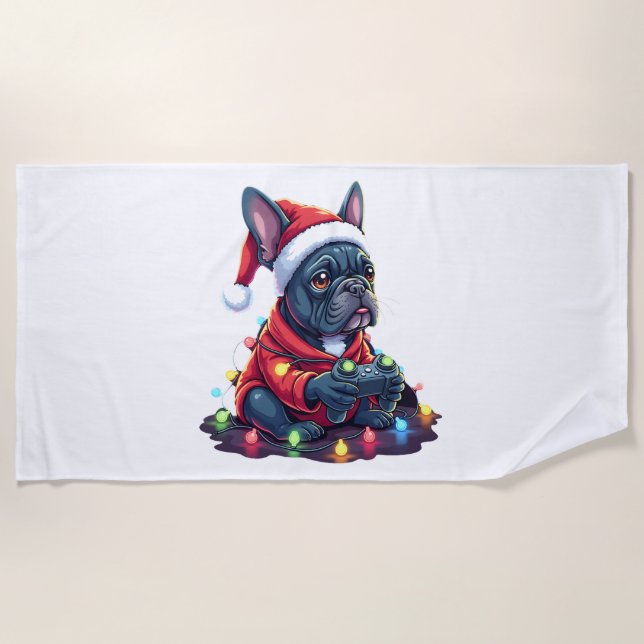 French Bulldog Video Game Controller Light Snow Sa Beach Towel (Front)