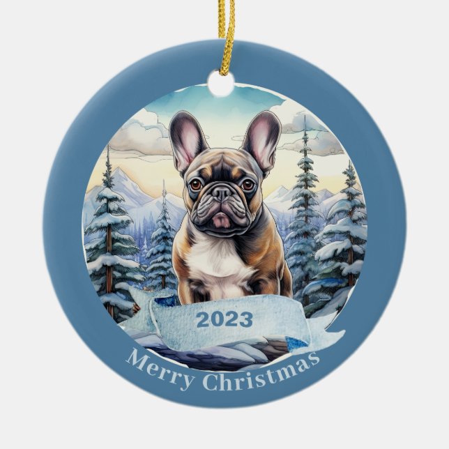 French Bulldog Watercolor Dog Christmas  Ceramic Ornament (Front)