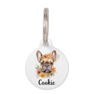 French Bulldog Watercolor Flower Round Pet Tag