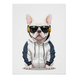French Bulldog Wearing Hoodie Funny Cool Music Poster