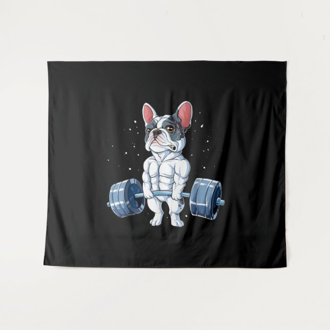 French Bulldog Weightlifting Funny Deadlift Gym Tapestry (Front (Horizontal))
