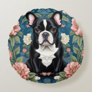 French Bulldog William Morris Inspired Floral Round Pillow