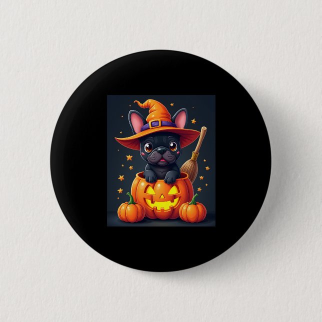 French Bulldog Witch Pumpkin Halloween Mens Womens 2 Inch Round Button (Front)