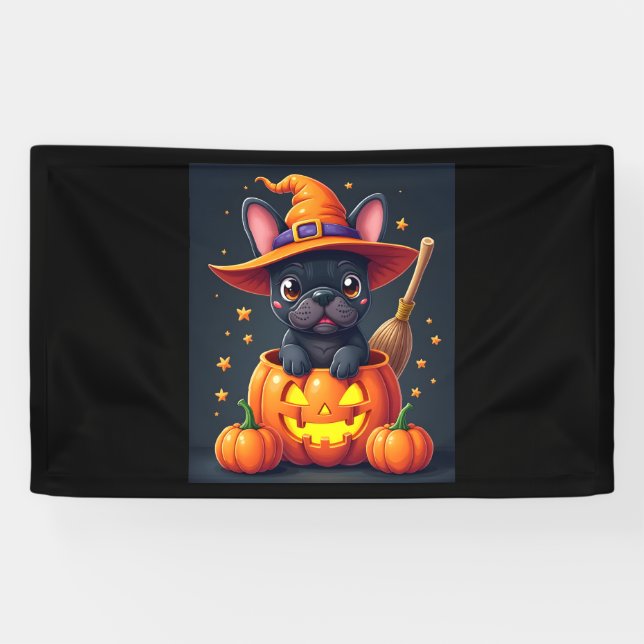 French Bulldog Witch Pumpkin Halloween Mens Womens Banner (Horizontal)