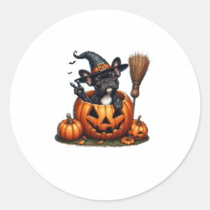 French Bulldog Witch Pumpkin Halloween Mens Womens Classic Round Sticker
