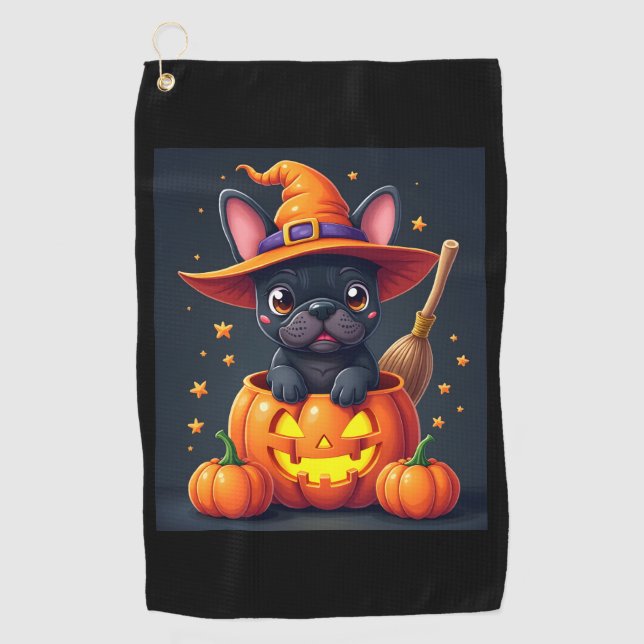 French Bulldog Witch Pumpkin Halloween Mens Womens Golf Towel (Front)