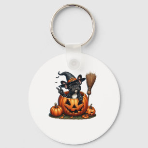 French Bulldog Witch Pumpkin Halloween Mens Womens Keychain