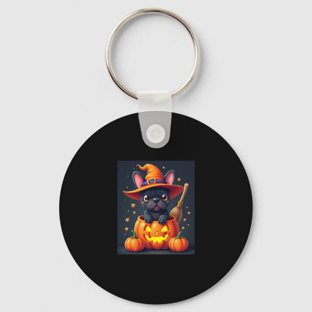 French Bulldog Witch Pumpkin Halloween Mens Womens Keychain (Front)