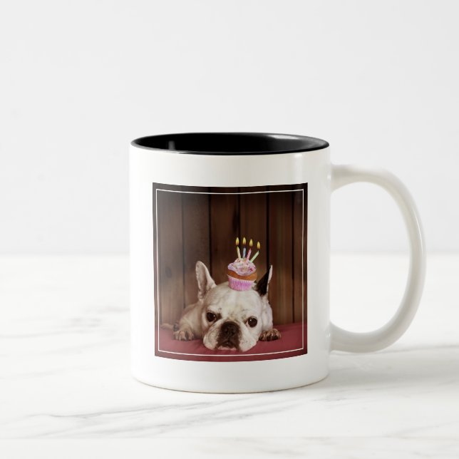 French Bulldog With Birthday Cupcake Two-Tone Coffee Mug (Right)
