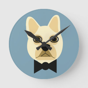 French Bulldog with bowtie blue Round Clock